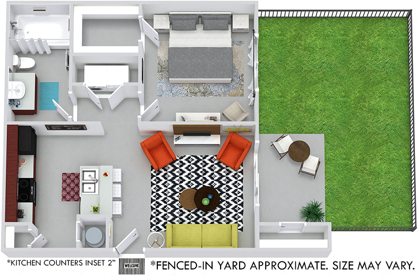 Floor plan for 1 bed, 1 bath, 630 sqft
